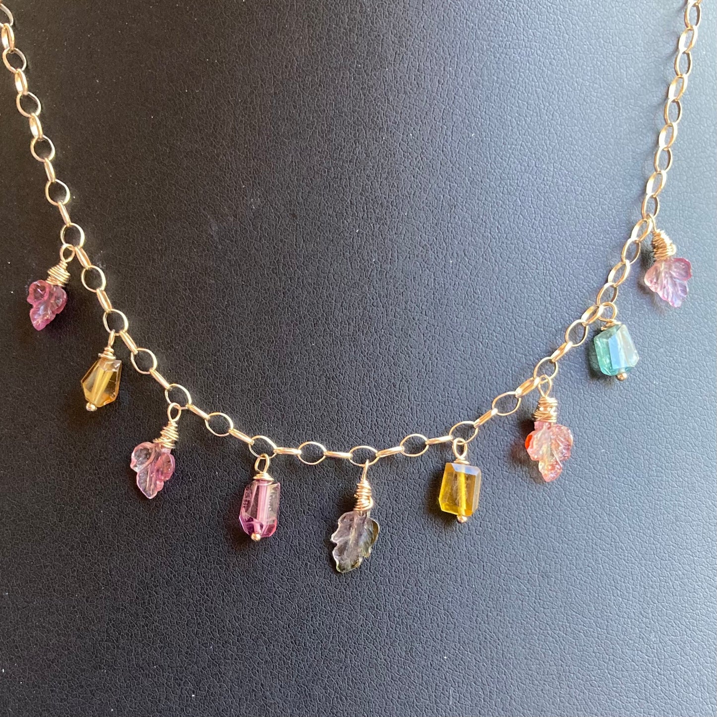 Multicolor Tourmaline & Gold Leaf Charm Choker