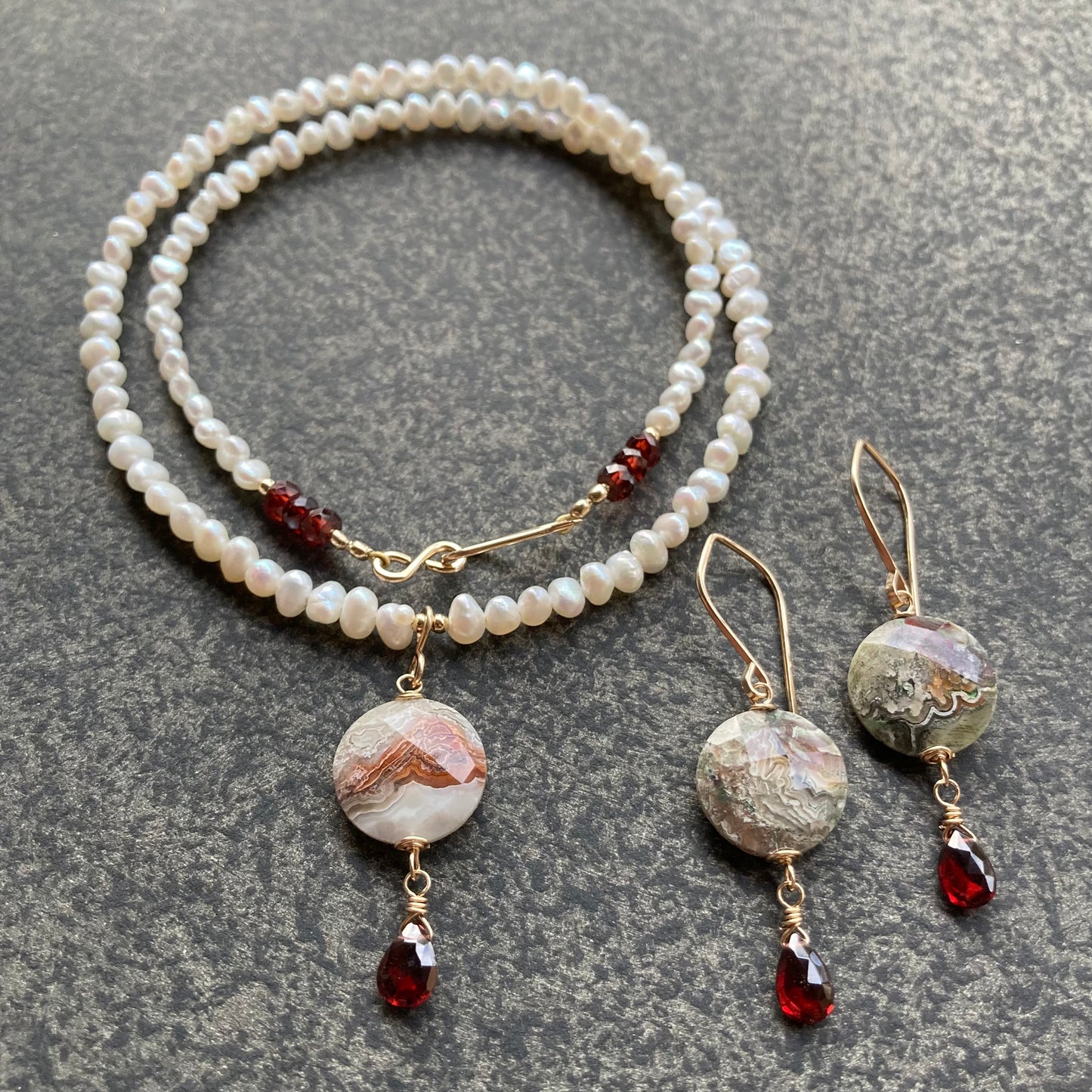 Crazy Lace Agate, Mozambique Garnet & Freshwater Pearl Necklace