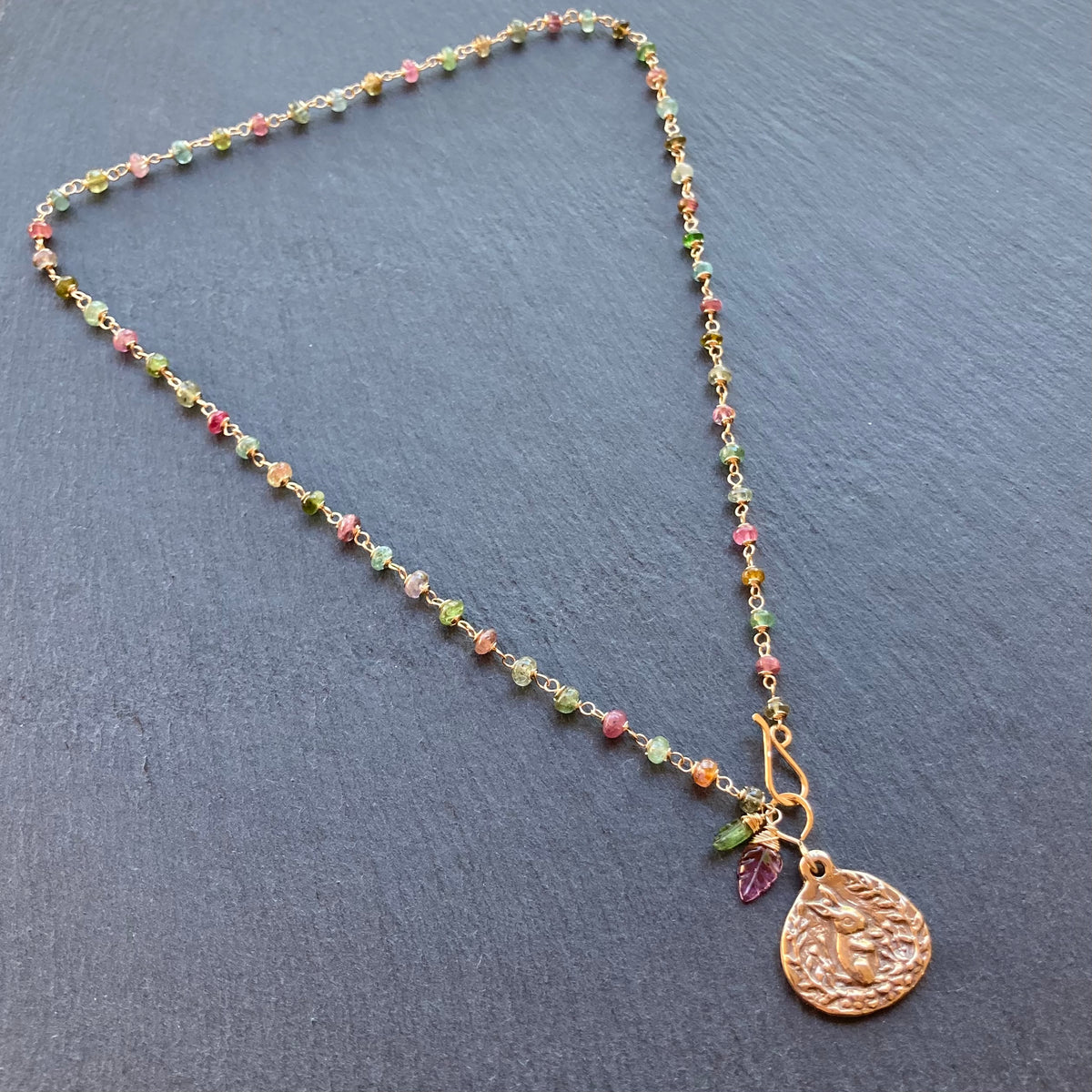 Tourmaline, Gold & Bronze Bunny Pendant Necklace