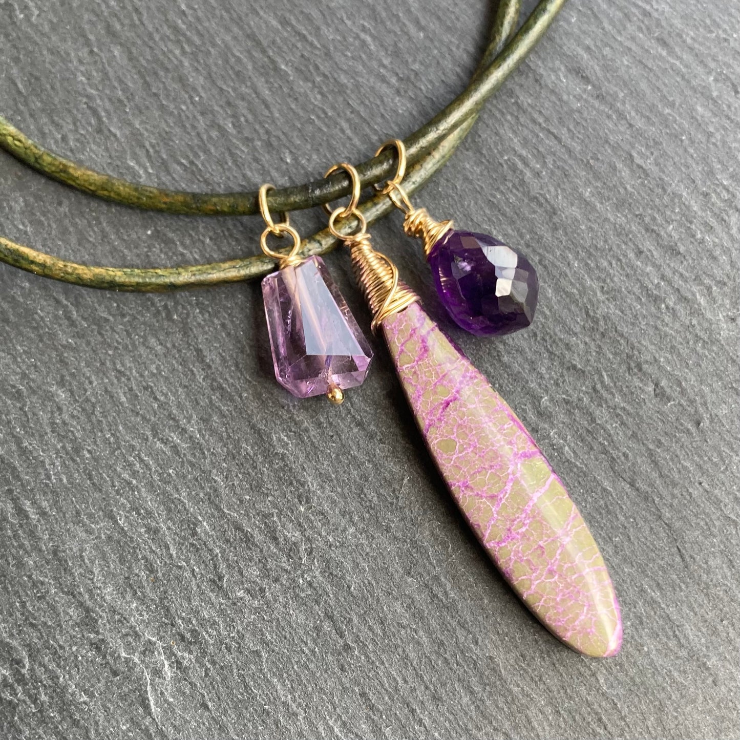 Atlantisite Stichtite, Amethyst & Gold Leather Choker