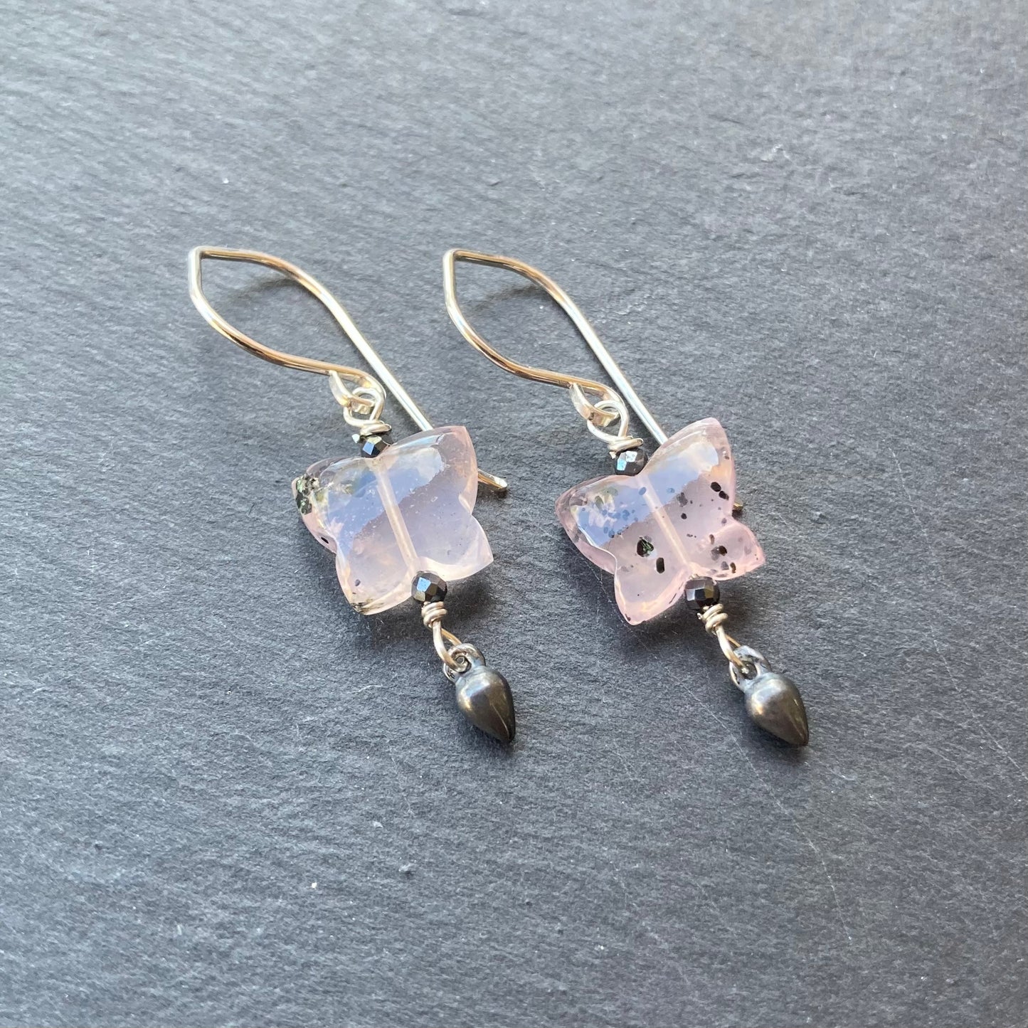 Hematite in Rose Quartz & Sterling Silver Butterfly Earrings