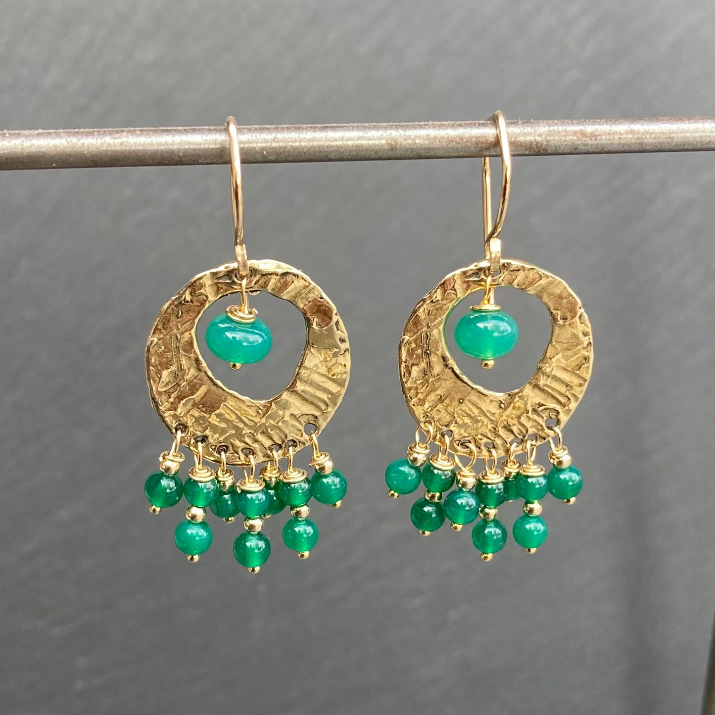 Green Onyx, Gold & Bronze Fringe Hoops