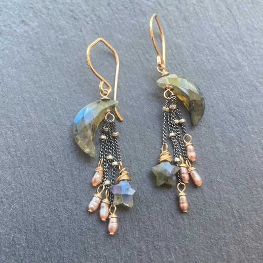 Labradorite, Mauve Pearl & Mixed Metal Crow Moon Earrings