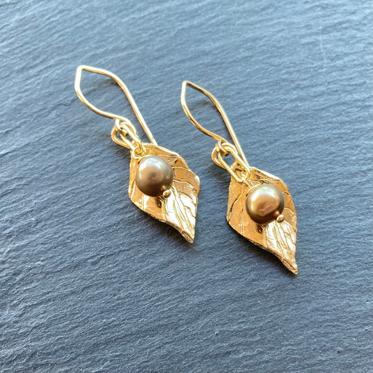 Mocha Freshwater Pearl, Gold & Bronze Leaf Earrings