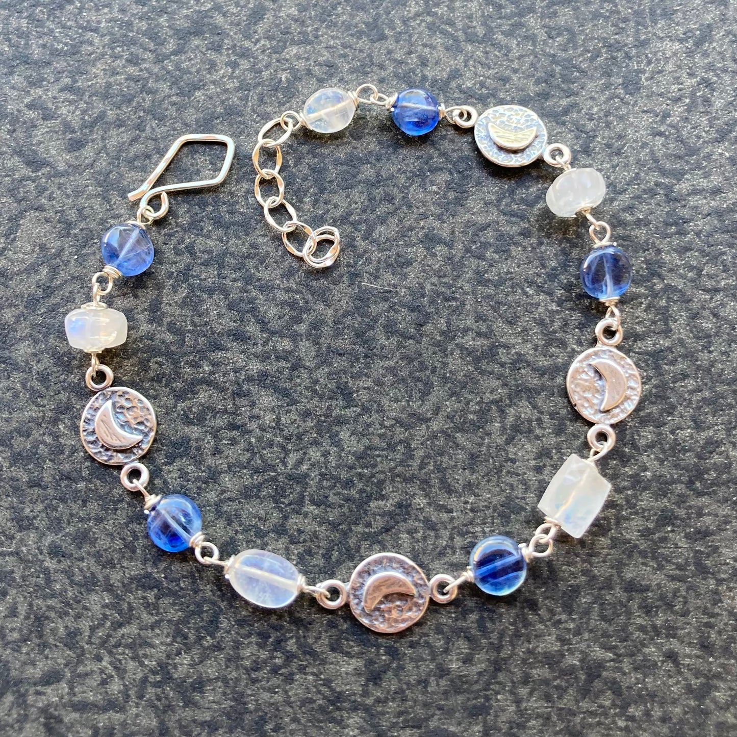 Rainbow Moonstone, Blue Kyanite & Sterling Silver Moon Link Bracelet