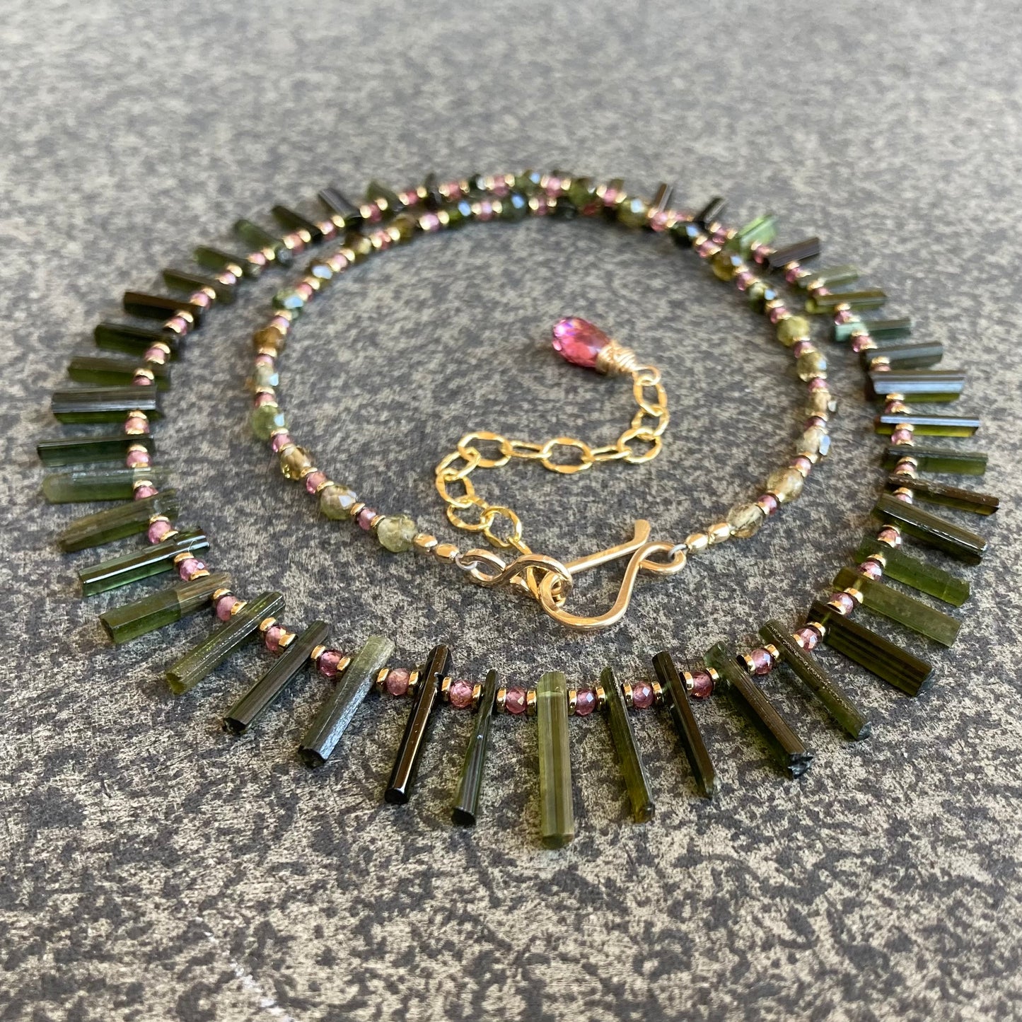 Raw Green Tourmaline, Rhodolite Garnet & Pyrite Choker