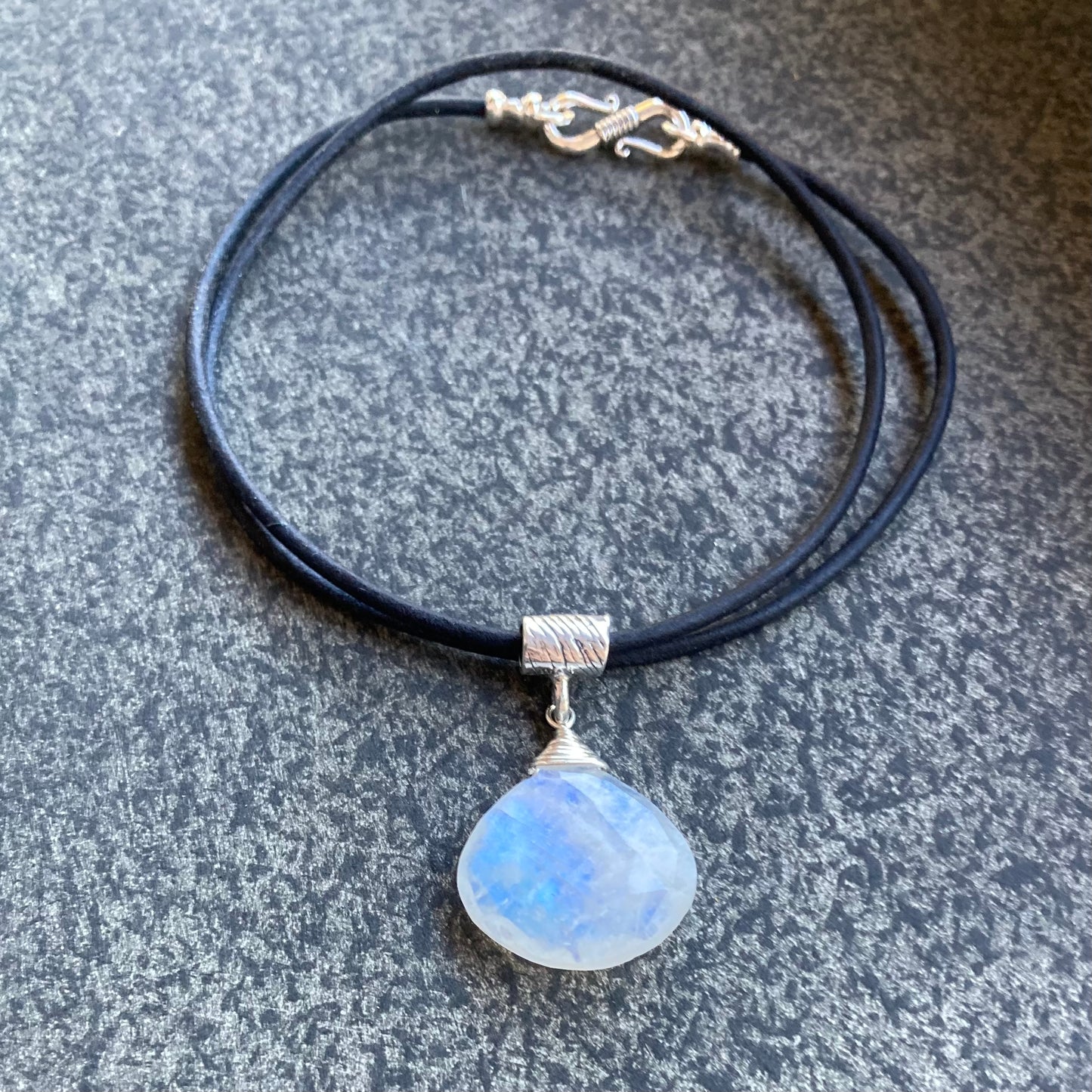 Rainbow Moonstone & Sterling Silver Leather Choker