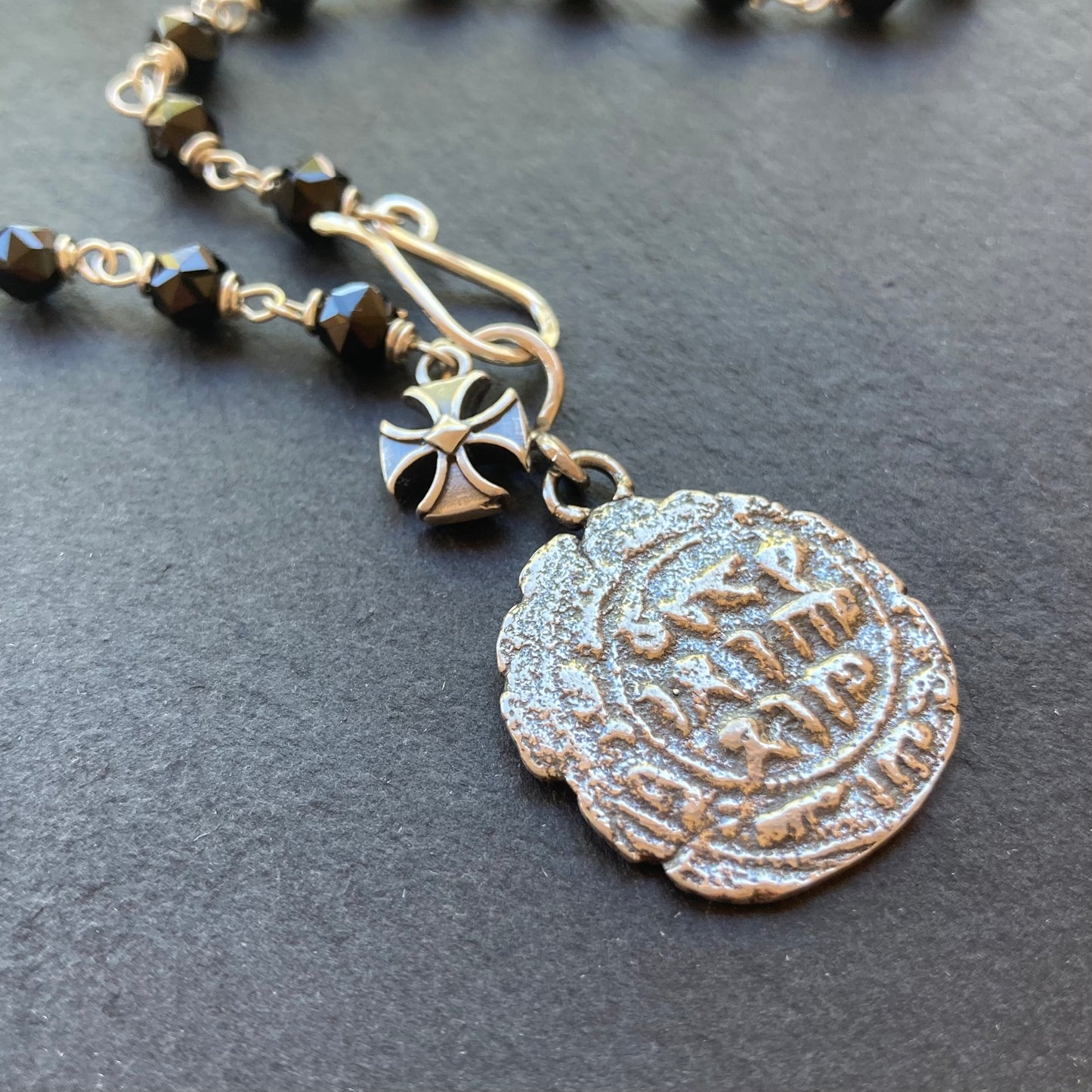 Black Spinel & Sterling Silver Medieval Coin Necklace