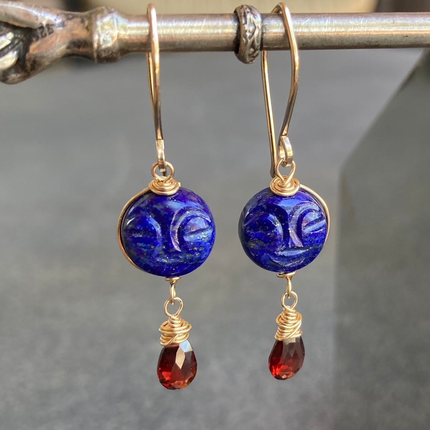 Lapis, Mozambique Garnet & Gold Full Moon Earrings