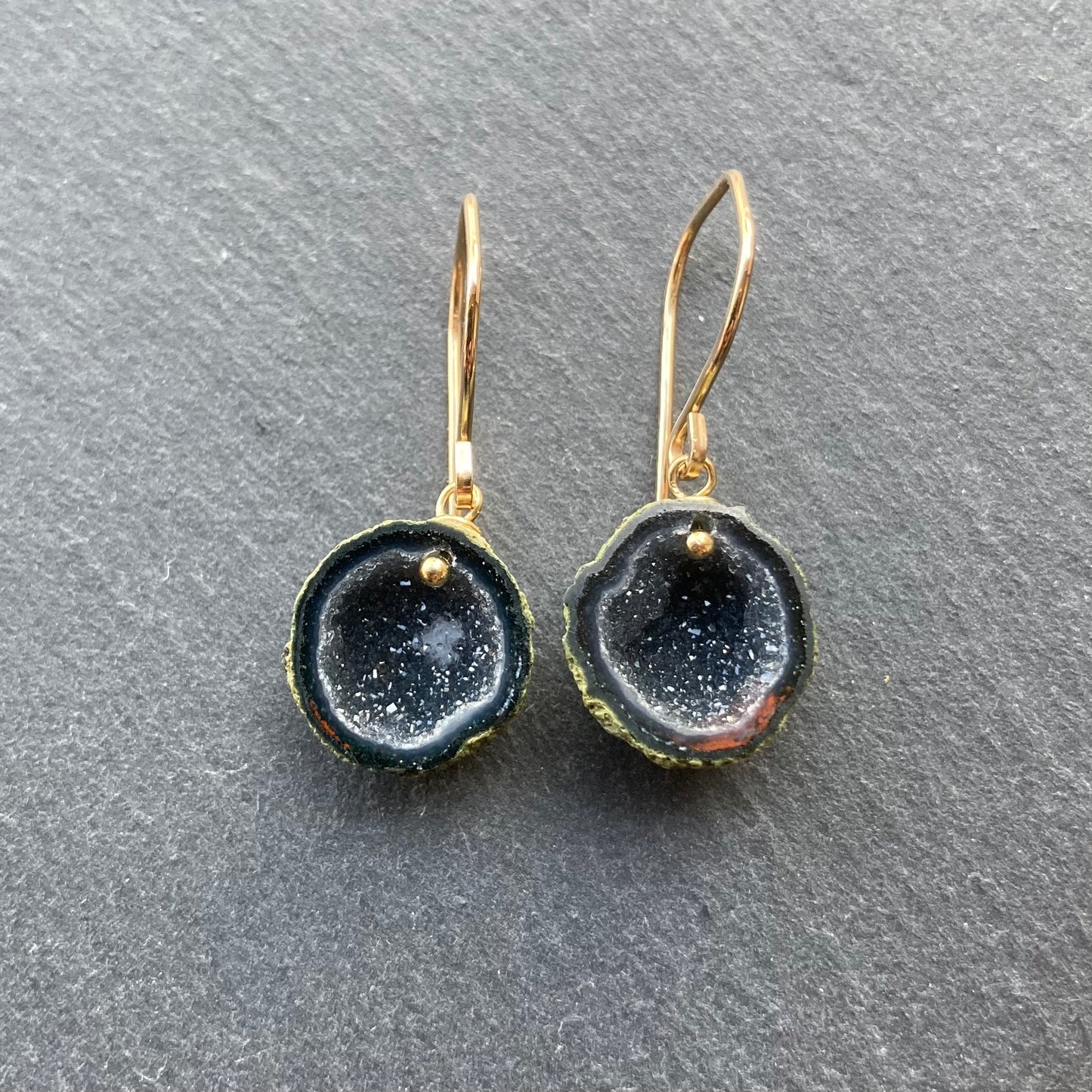 Black Druzy Tabasco Geode & Gold Earrings