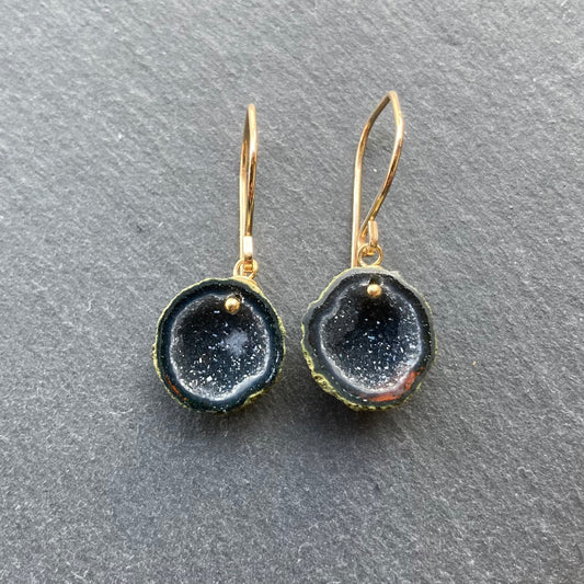 Black Druzy Tabasco Geode & Gold Earrings