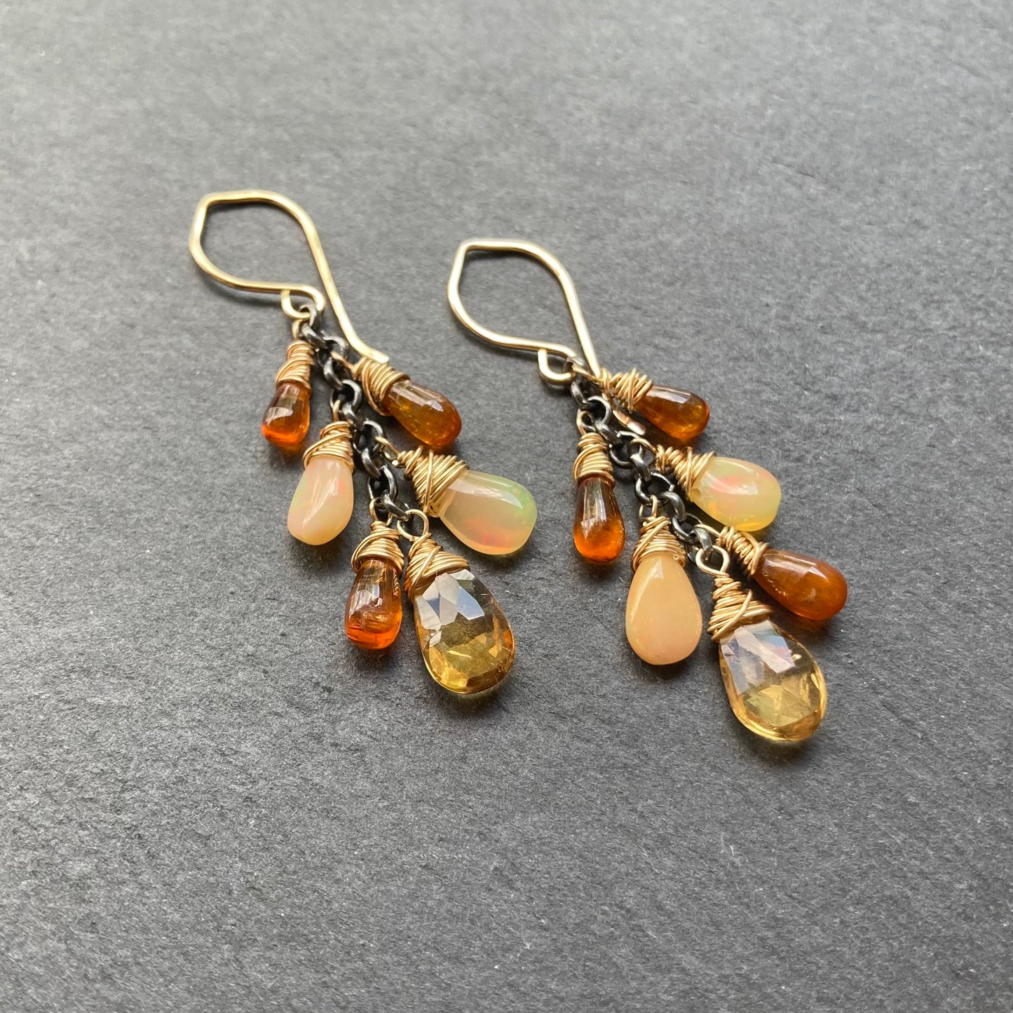 Orange Kyanite, Ethiopian Opal, Citrine & Mixed Metal Cascade Earrings