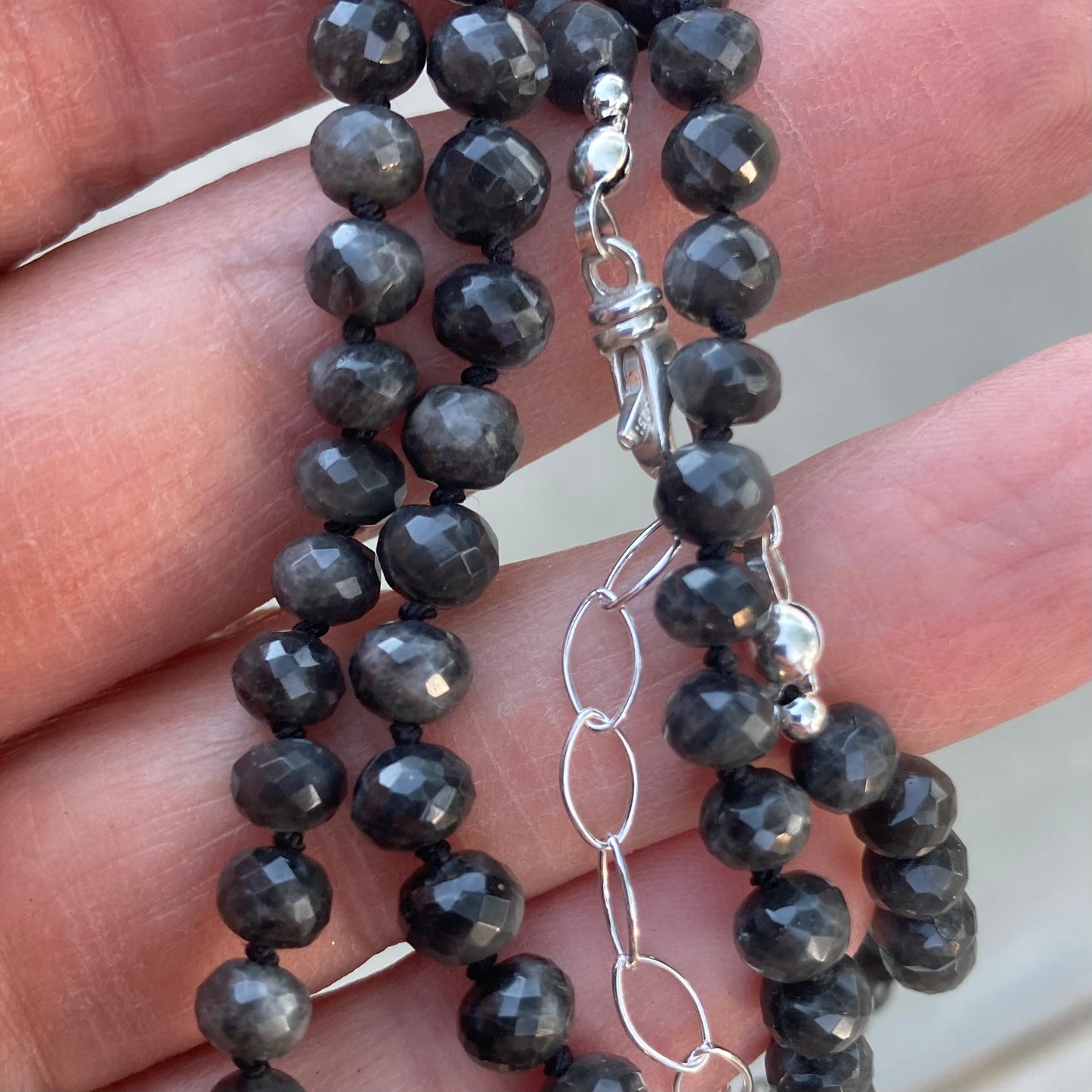 Black Quartz Hand Knotted Silk Necklace