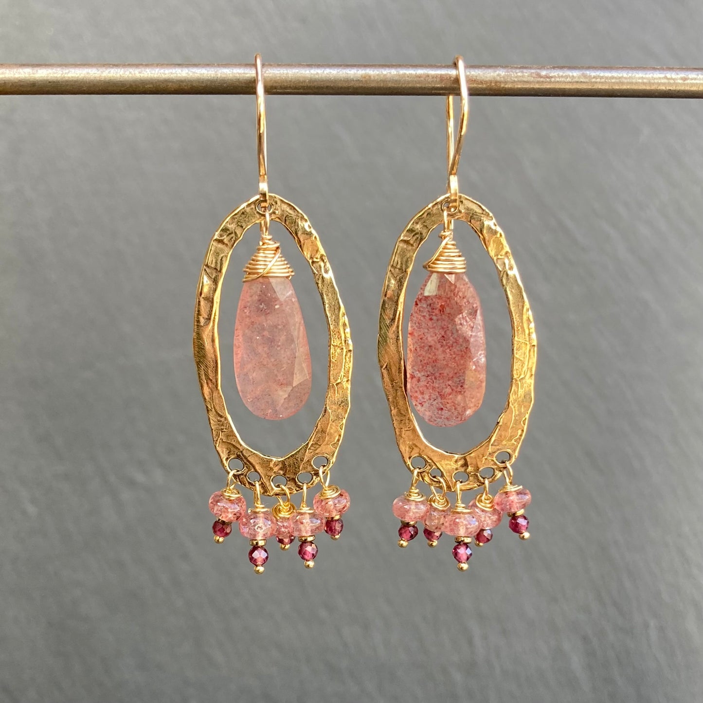 Strawberry Quartz, Gold & Bronze Fringe Hoops