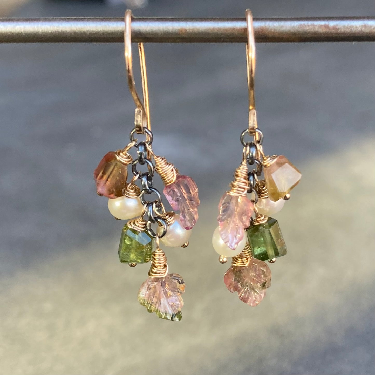 Watermelon Tourmaline, Freshwater Pearl & Mixed Metal Leaf Cascade Earrings