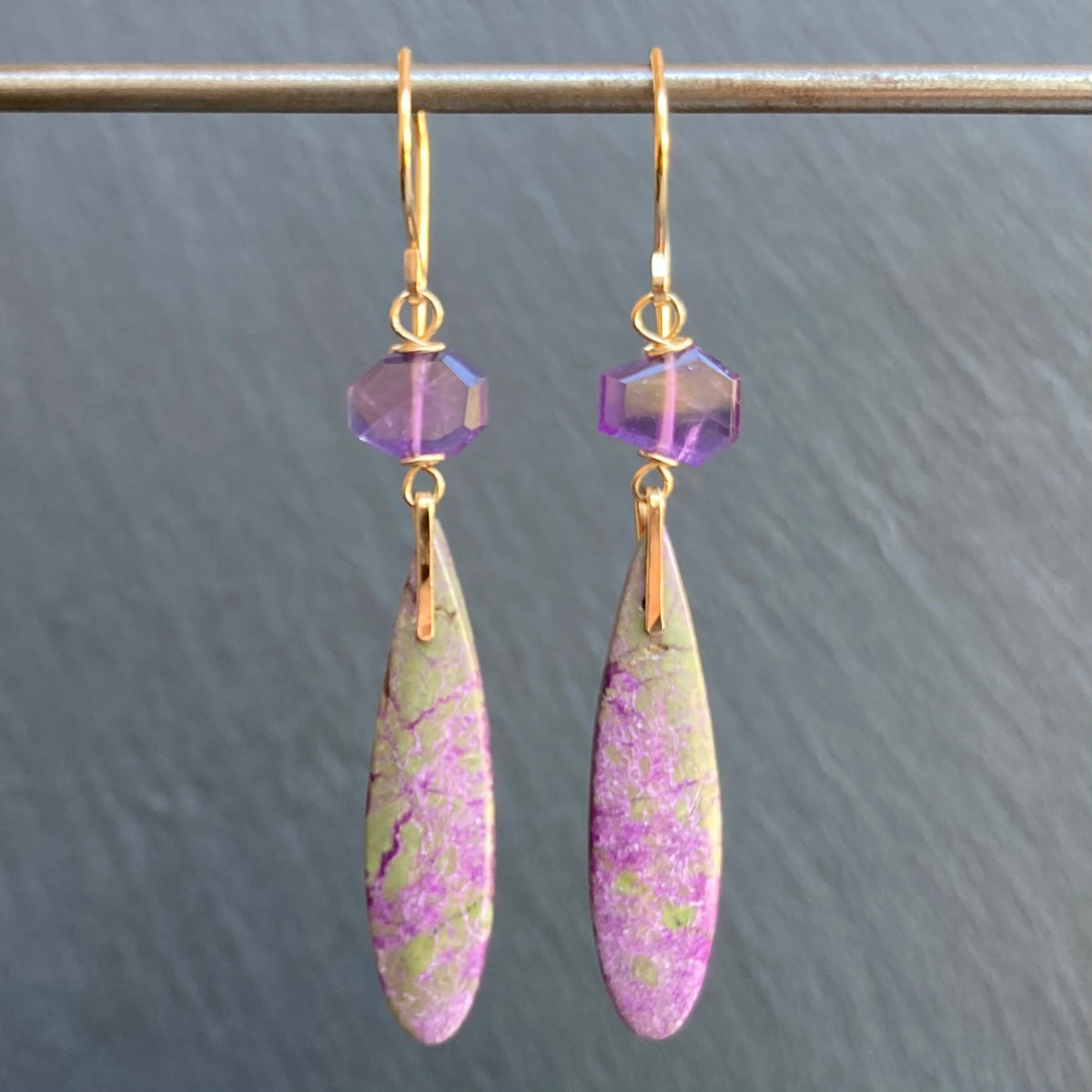 Atlantisite Stichtite, Amethyst & Gold Long Drop Earrings