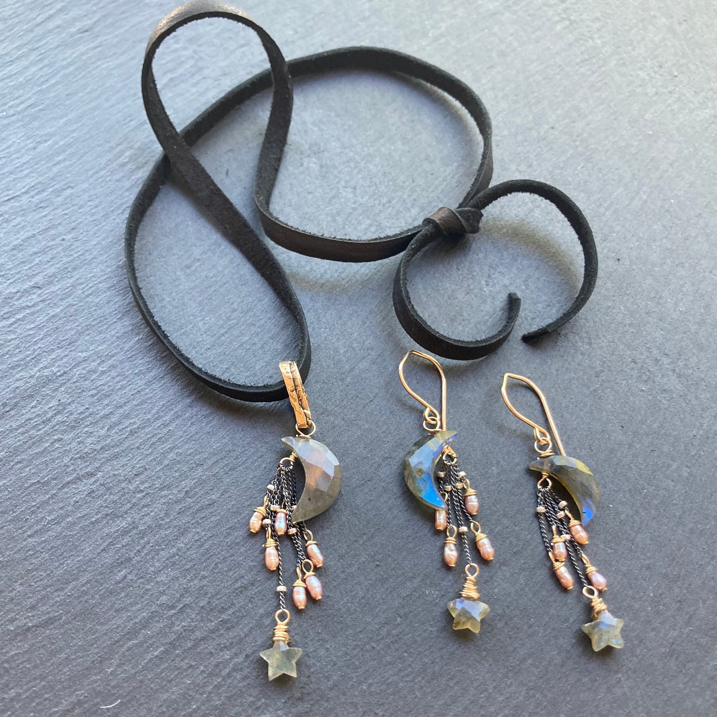 Labradorite, Mauve Pearl & Mixed Metal Falling Star Earrings