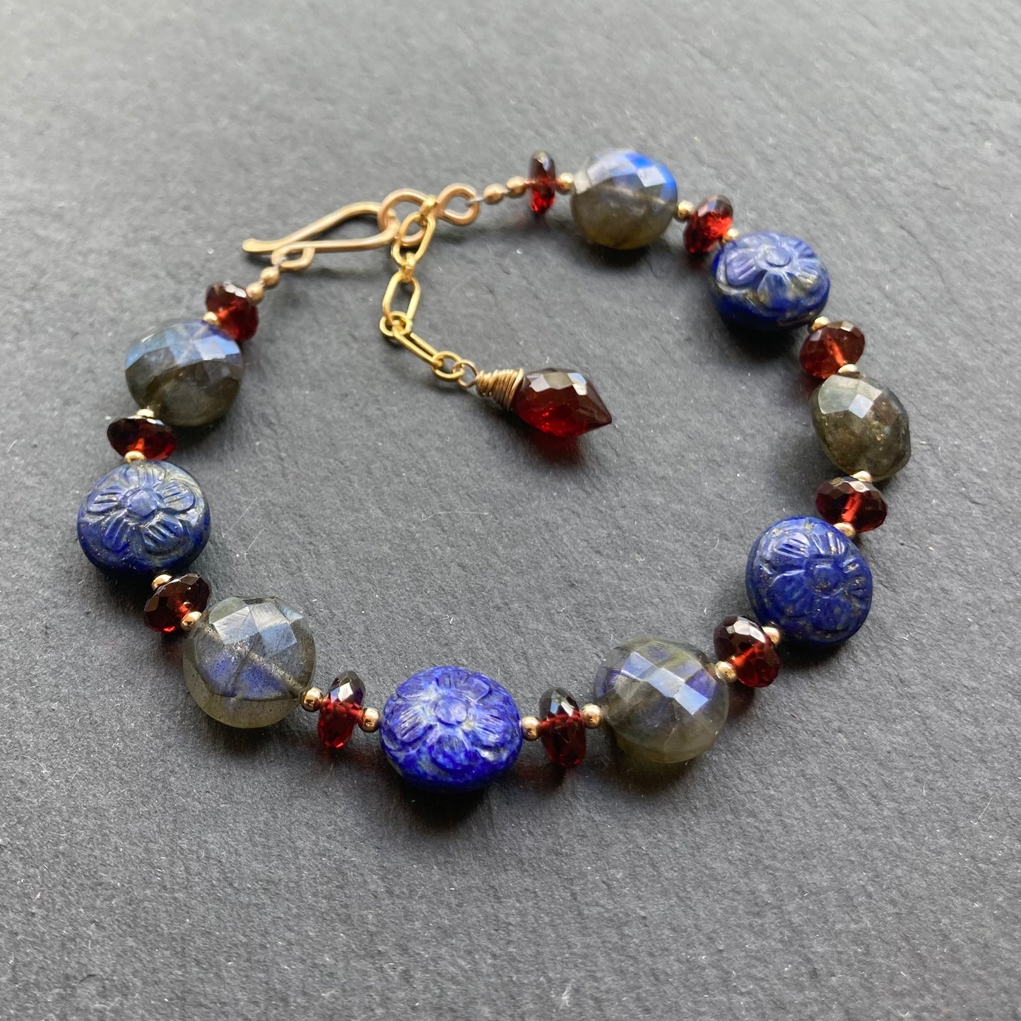 Lapis, Labradorite, Mozambique Garnet & Gold Bracelet