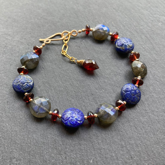 Lapis, Labradorite, Mozambique Garnet & Gold Bracelet