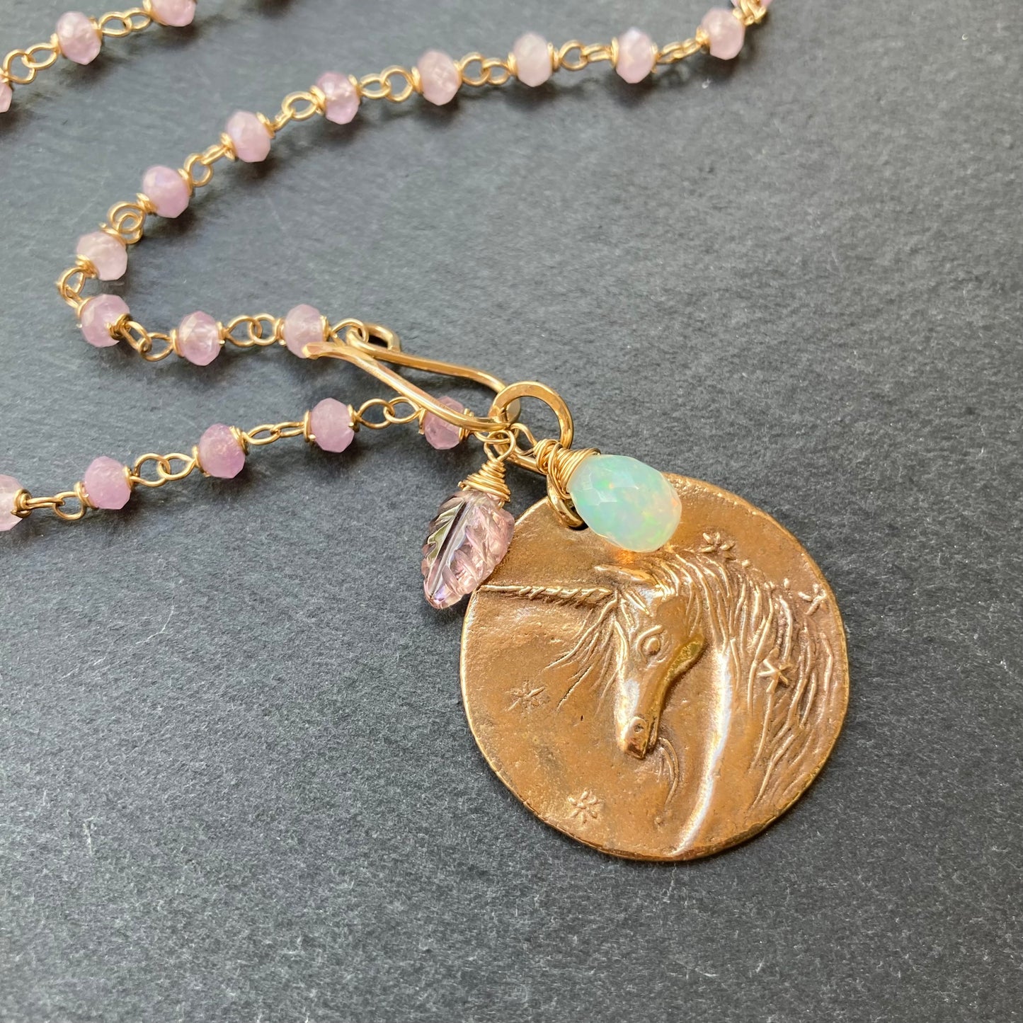 Kunzite, Gold & Bronze Unicorn Coin Necklace