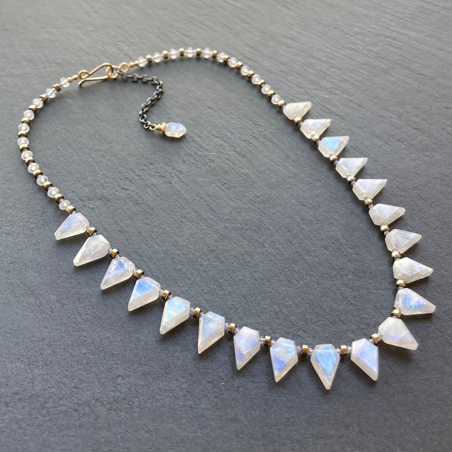 Rainbow Moonstone, Tanzanite & Mixed Metal Arrowhead Collar