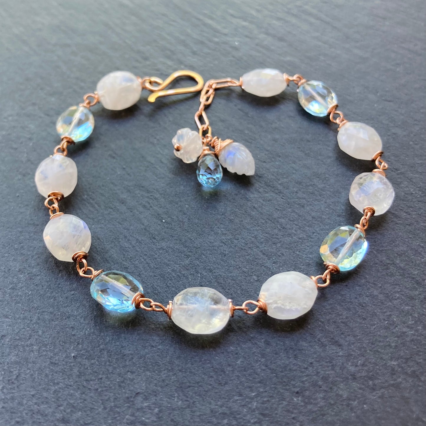 Blue Topaz, Rainbow Moonstone & Rose Gold Bracelet