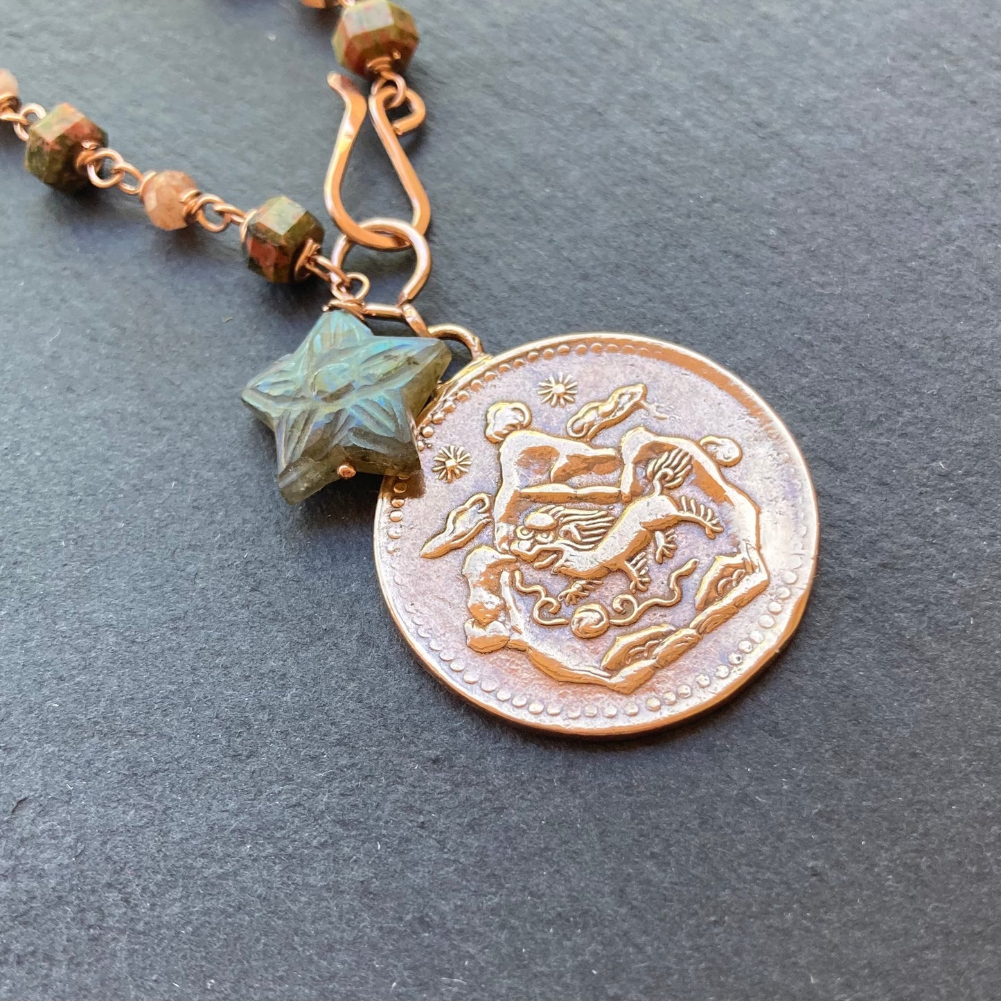 Unakite, Sunstone, Rose Gold & Red Bronze Tibetan Snow Lion Coin Necklace