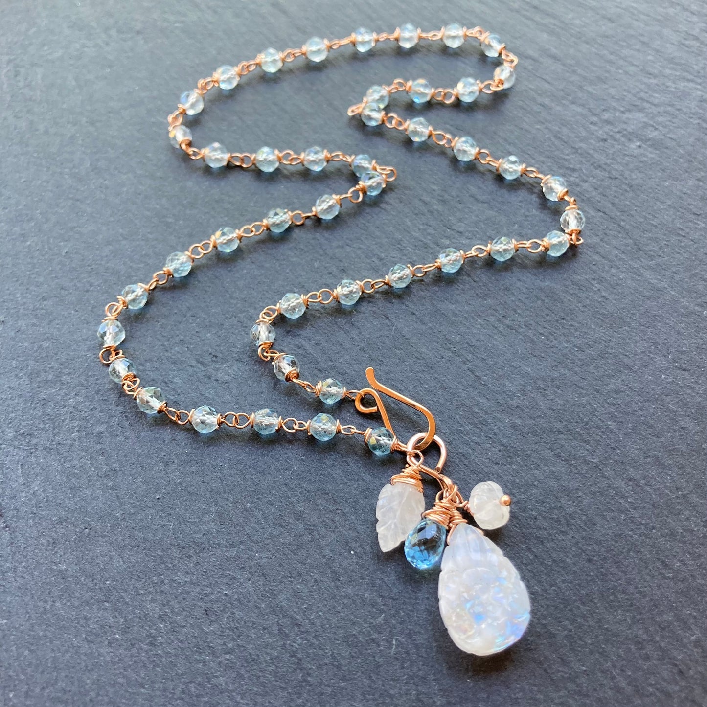 Blue Topaz, Rose Gold & Rainbow Moonstone Pendant Necklace