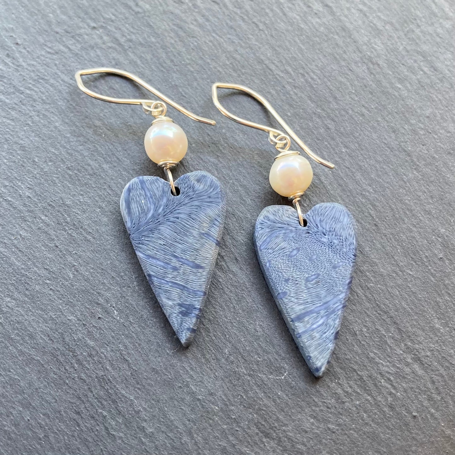 Freshwater Pearl, Sterling Silver & Blue Coral Heart Earrings
