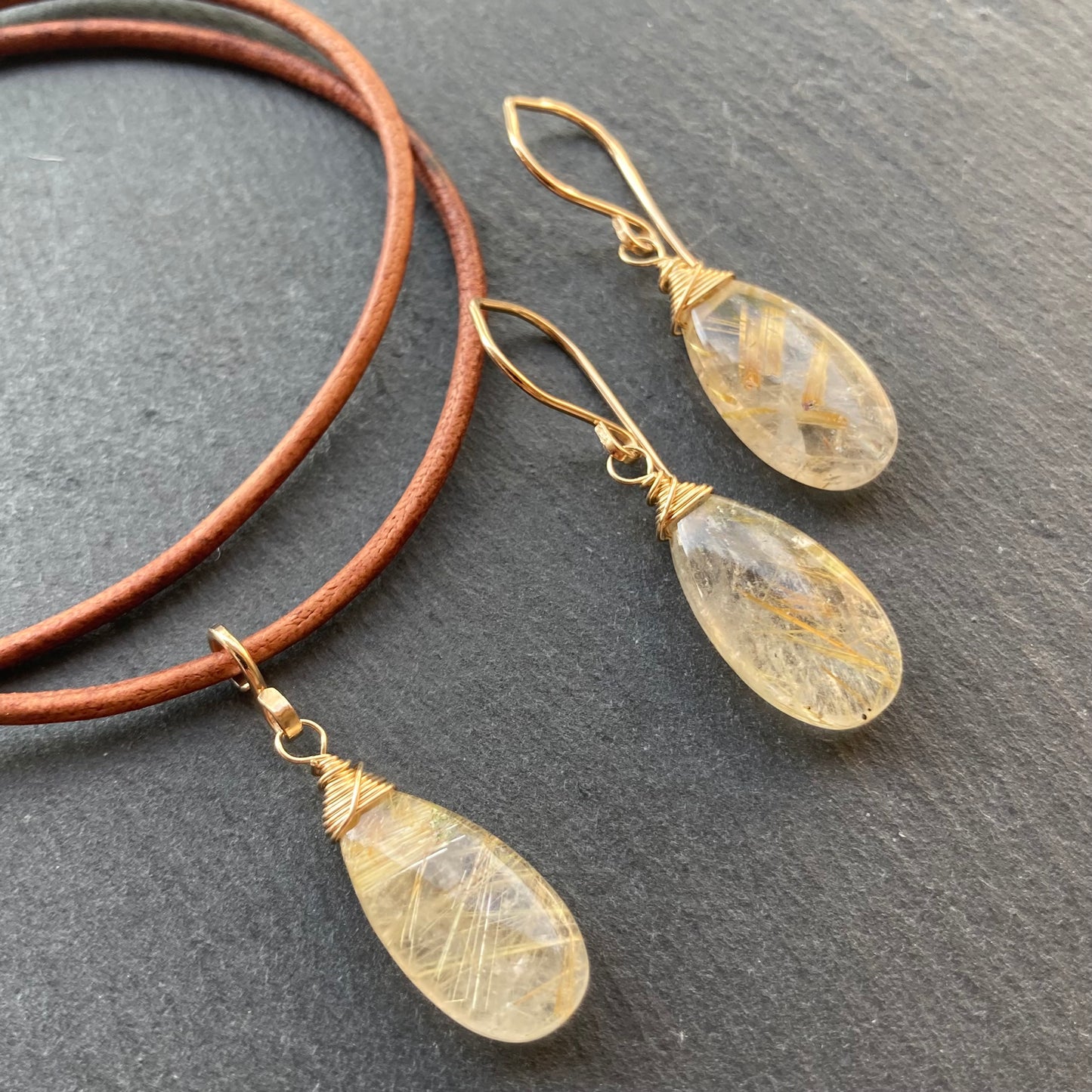 Golden Rutilated Quartz & Gold Leather Choker