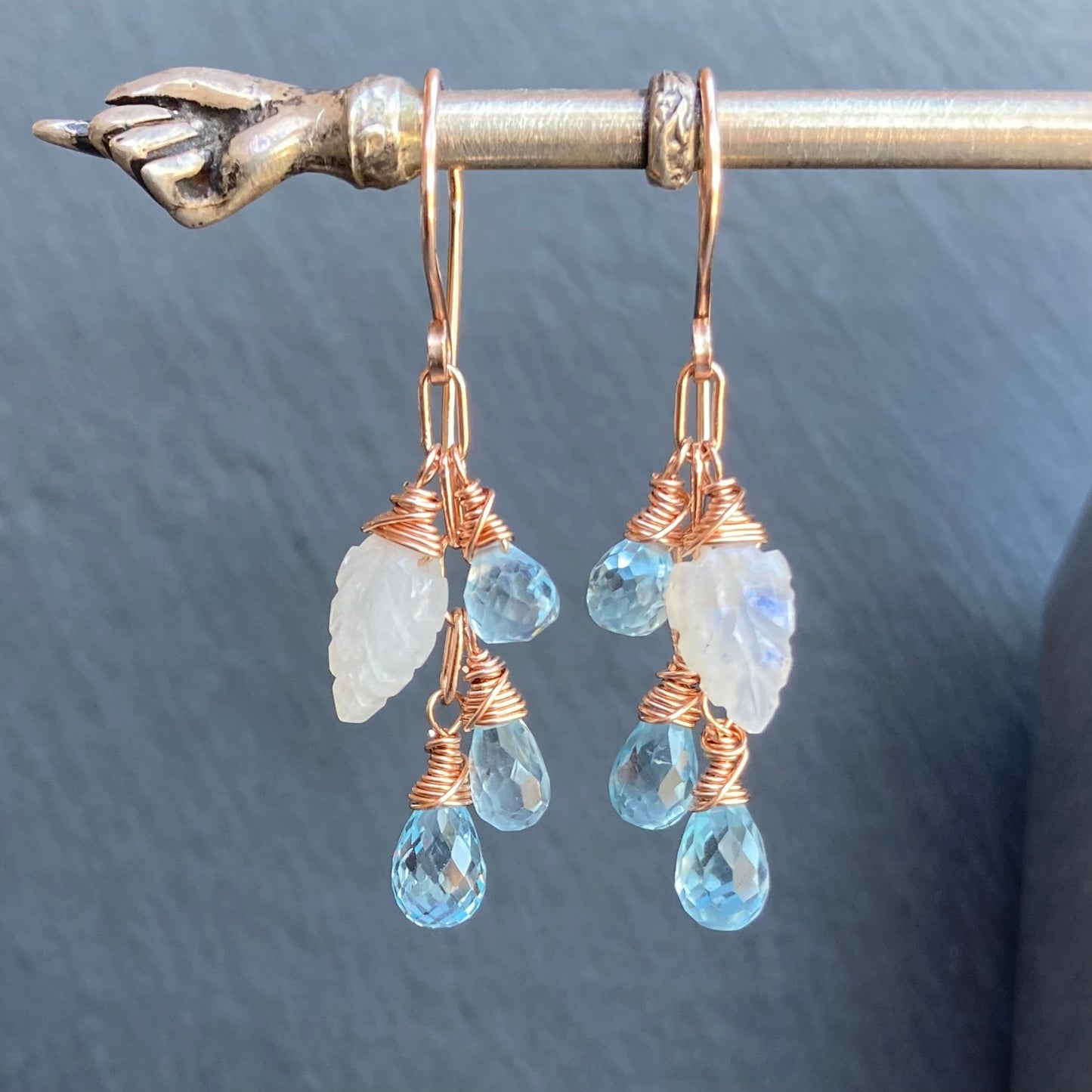 Blue Topaz, Rainbow Moonstone & Rose Gold Cascade Earrings