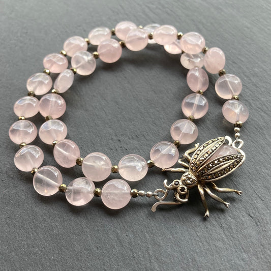 Rose Quartz, Pyrite & Vintage Marcasite Beetle Brooch Choker