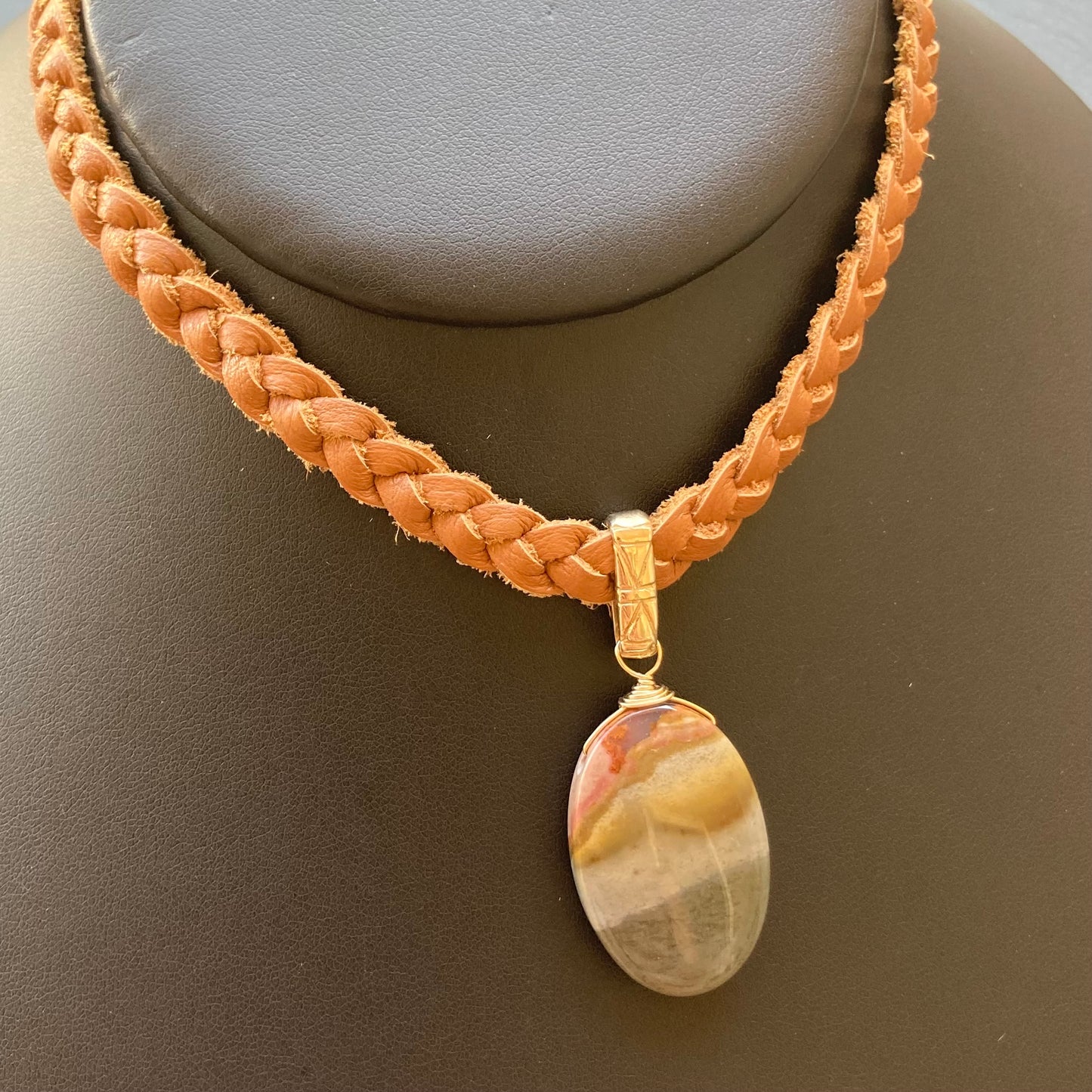 Polychrome Jasper & Bronze Braided Deertan Leather Choker