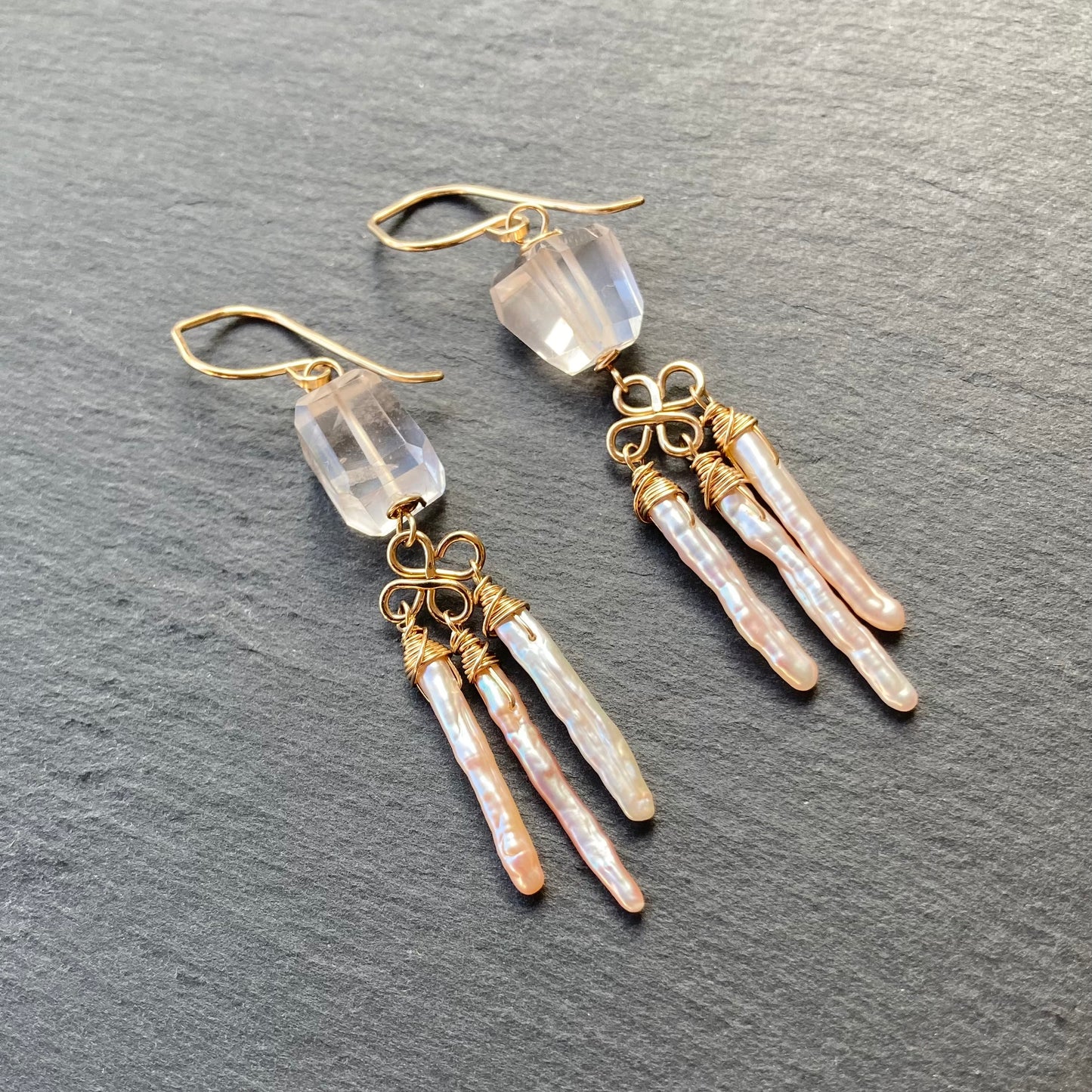 Angel Pink Biwa Pearl, Rose Quartz & Gold Fringe Earrings