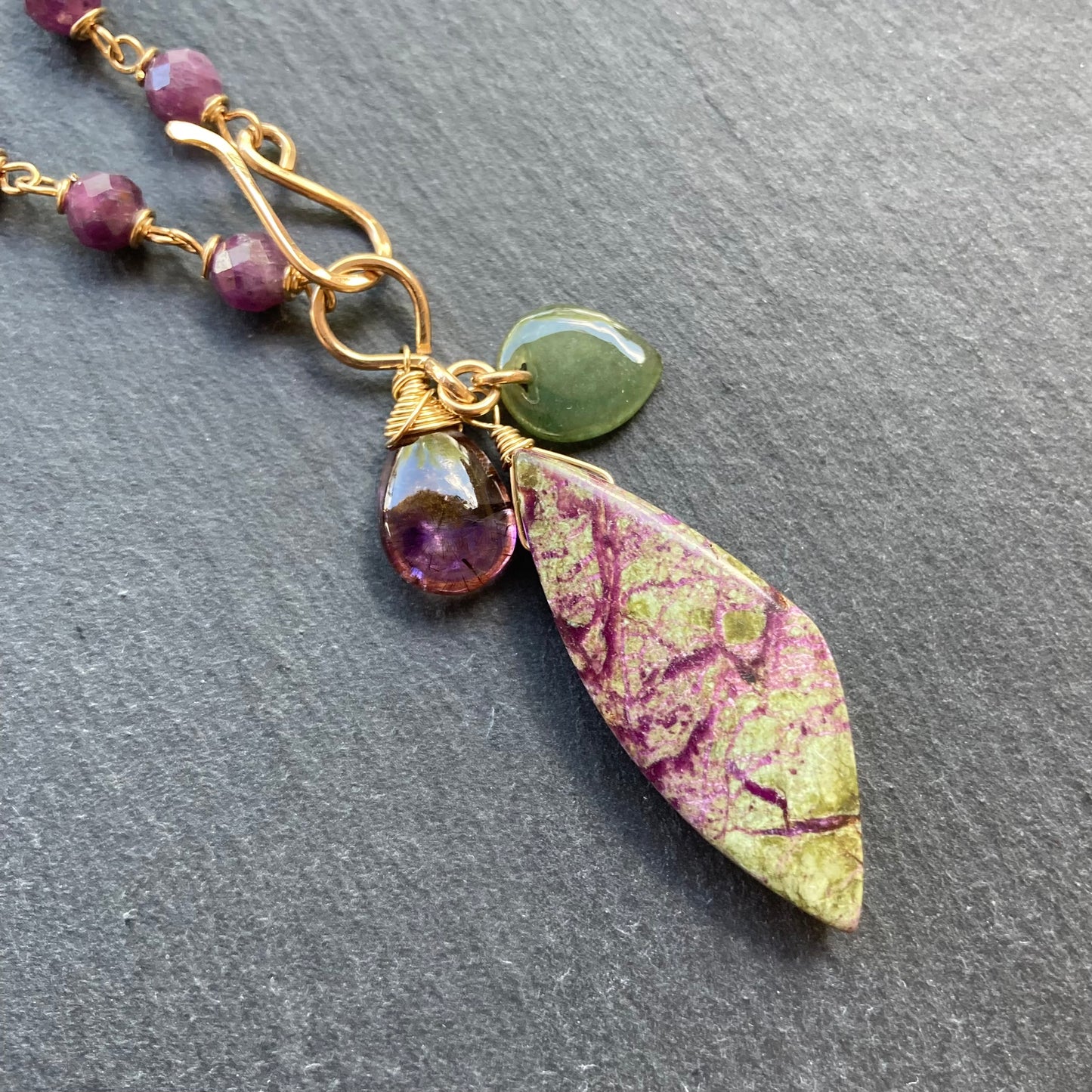 Ruby & Gold Atlantisite Stichtite Pendant Necklace