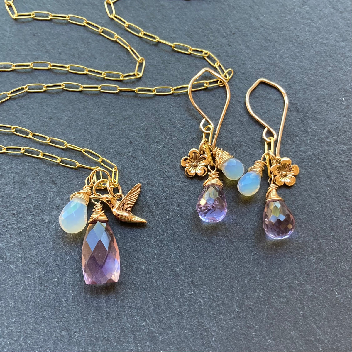 Pink Amethyst, Ethiopian Opal & Gold Cherry Blossom Earrings