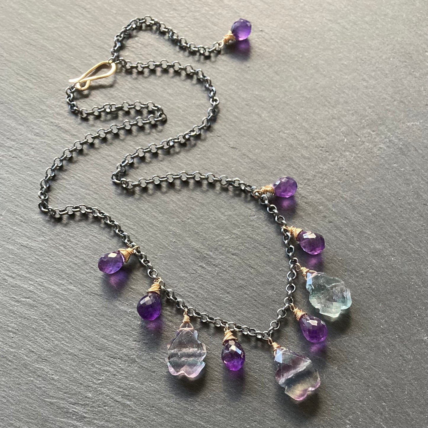 Fluorite, Amethyst & Mixed Metal Charm Choker