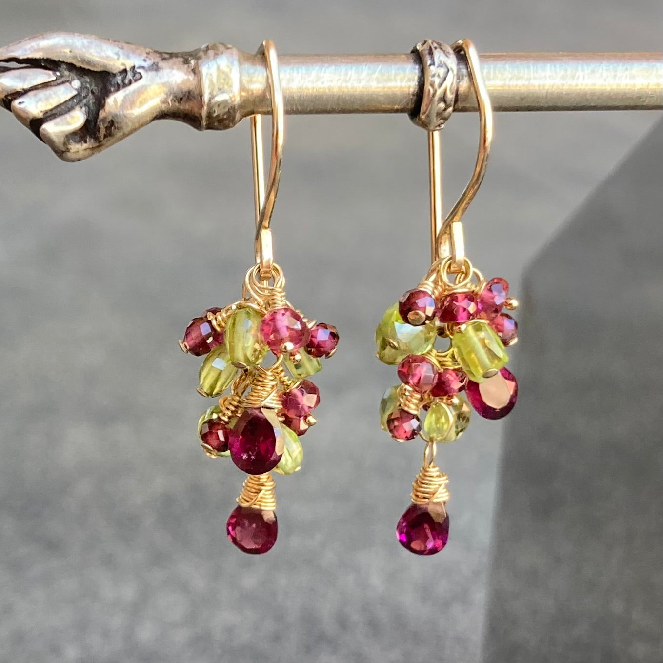 Peridot, Rhodolite, Rubelite & Gold Cascade Earrings