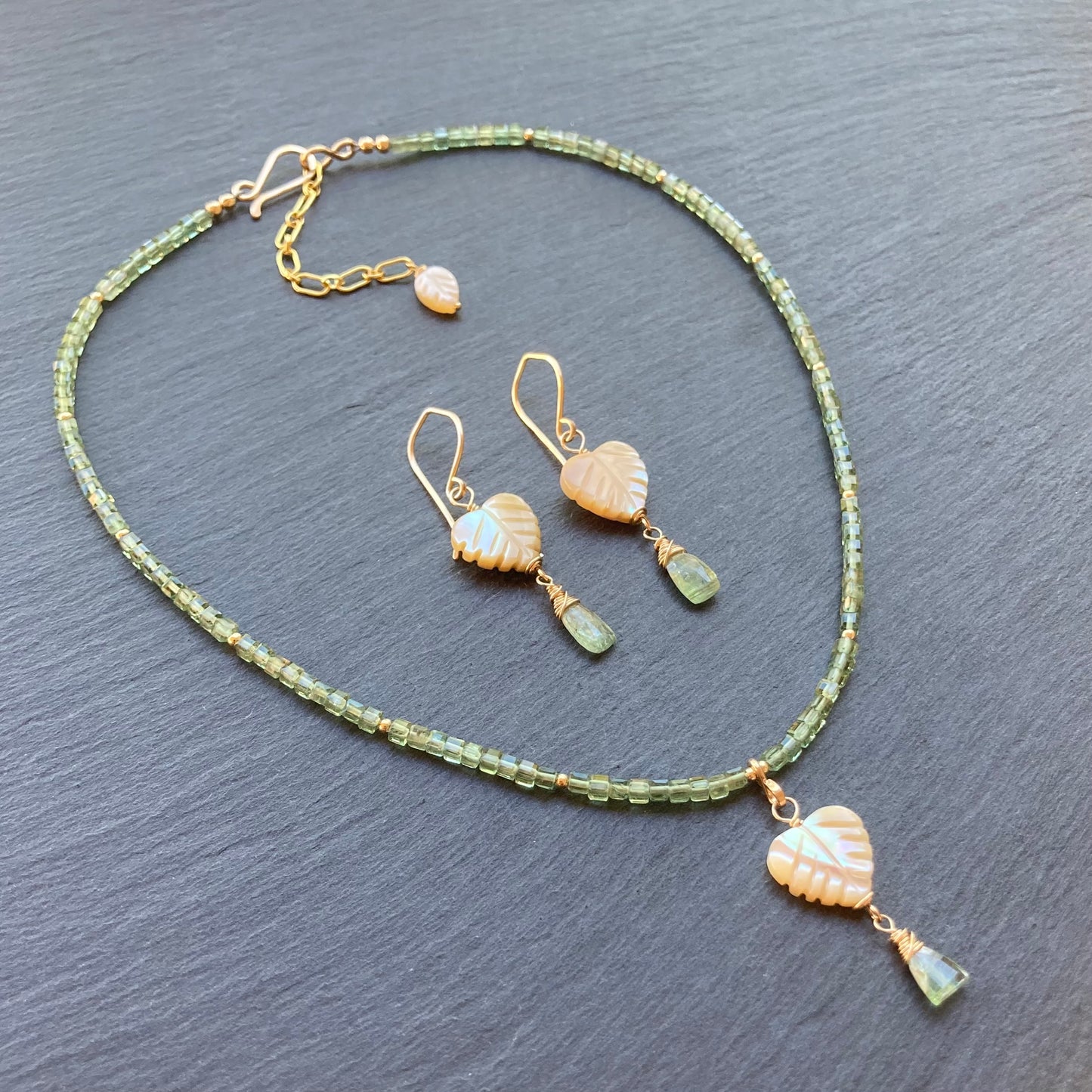 Mother of Pearl, Green Kyanite & Gold Palm Heart Earrings