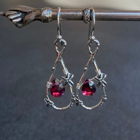 Rhodolite Garnet & Sterling Silver Floral Hoops