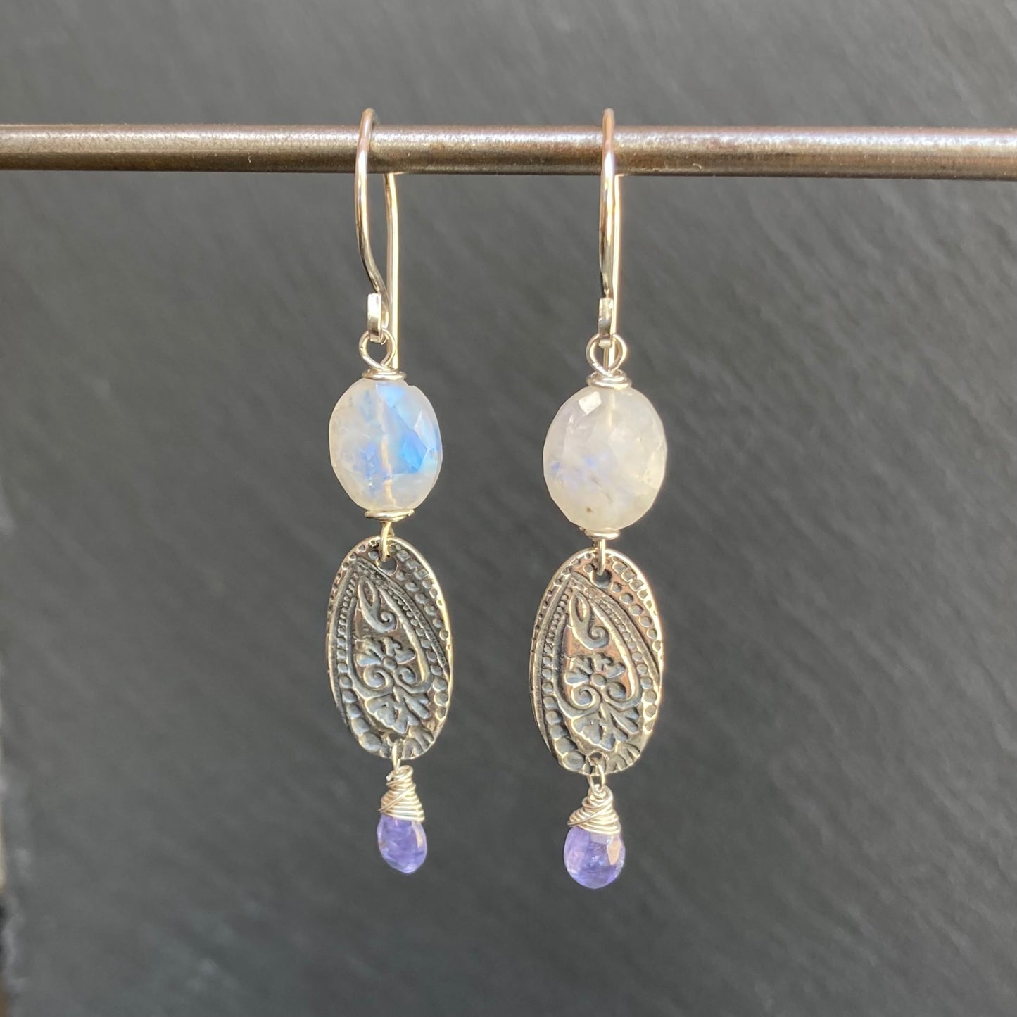 Rainbow Moonstone, Tanzanite & Sterling Silver Earrings