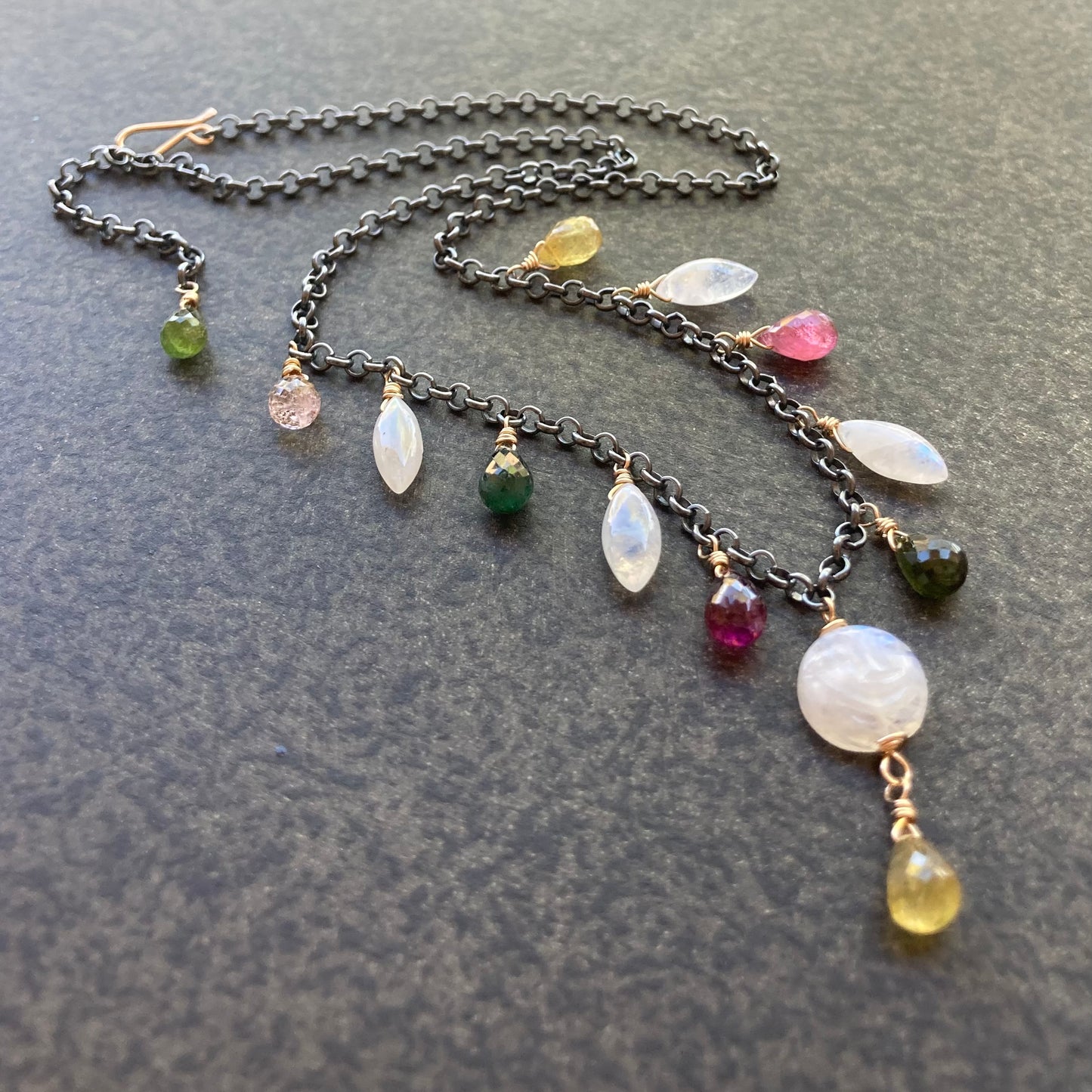 Rainbow Moonstone, Multicolor Tourmaline & Mixed Metal Full Moon Charm Choker