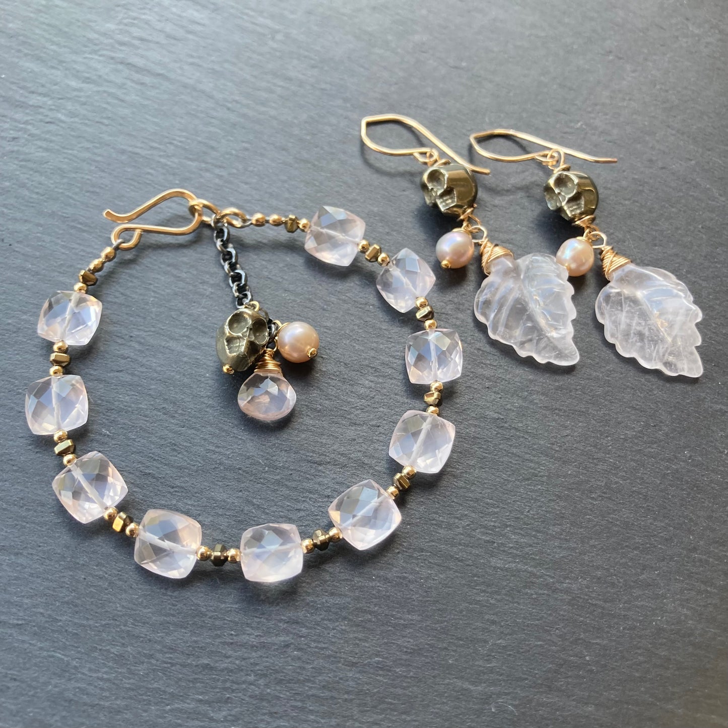 Rose Quartz, Pyrite & Mixed Metal Calavera Charm Bracelet