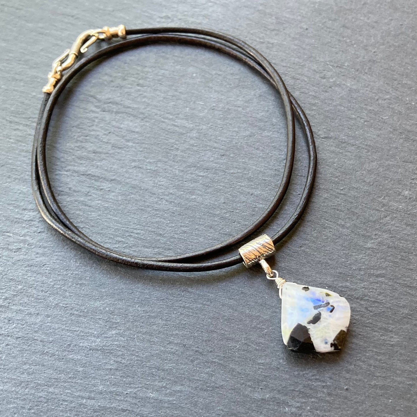Tourmalinated Rainbow Moonstone & Sterling Silver Leather Choker