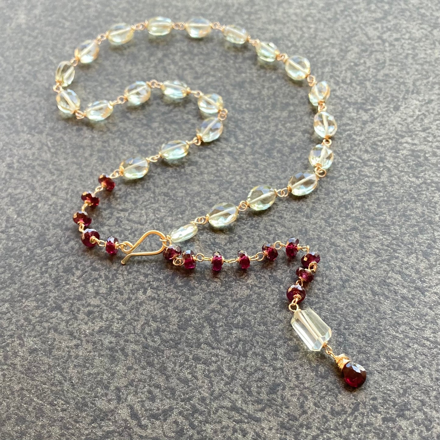 Prasiolite, Rhodolite & Gold Convertible Lariat Necklace