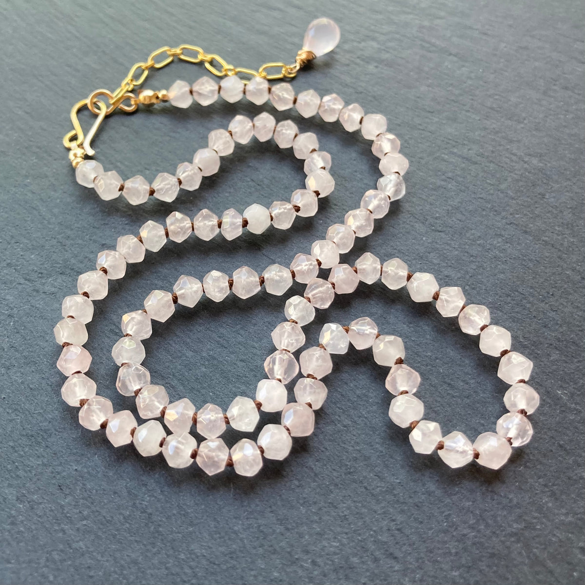 Rose Quartz Hand Knotted Chocolate Silk Necklace
