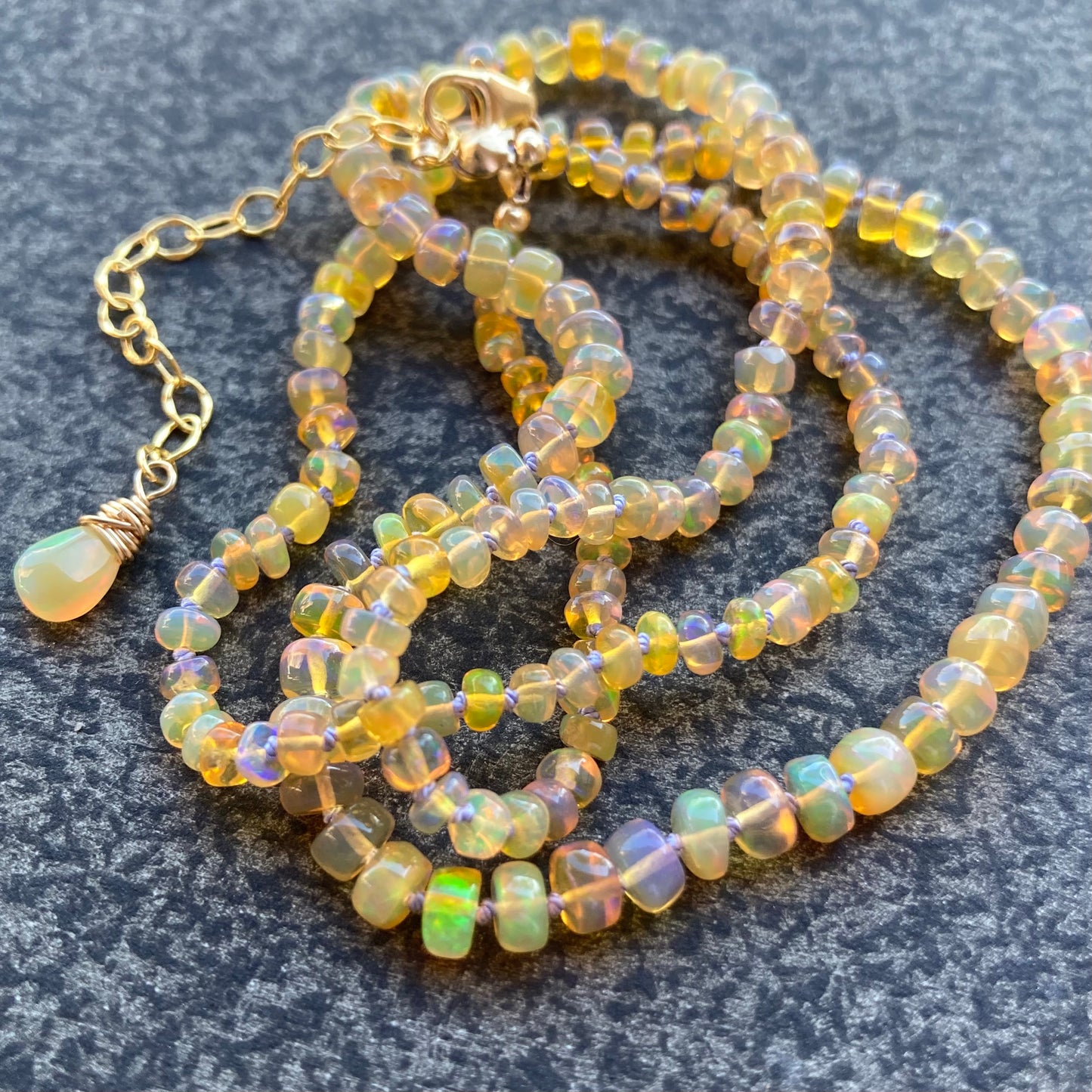 Ethiopian Golden Opal Hand Knotted Lilac Silk Necklace