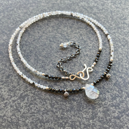 Black Tourmaline, Tourmalinated Moonstone & Sterling Silver Charm Choker