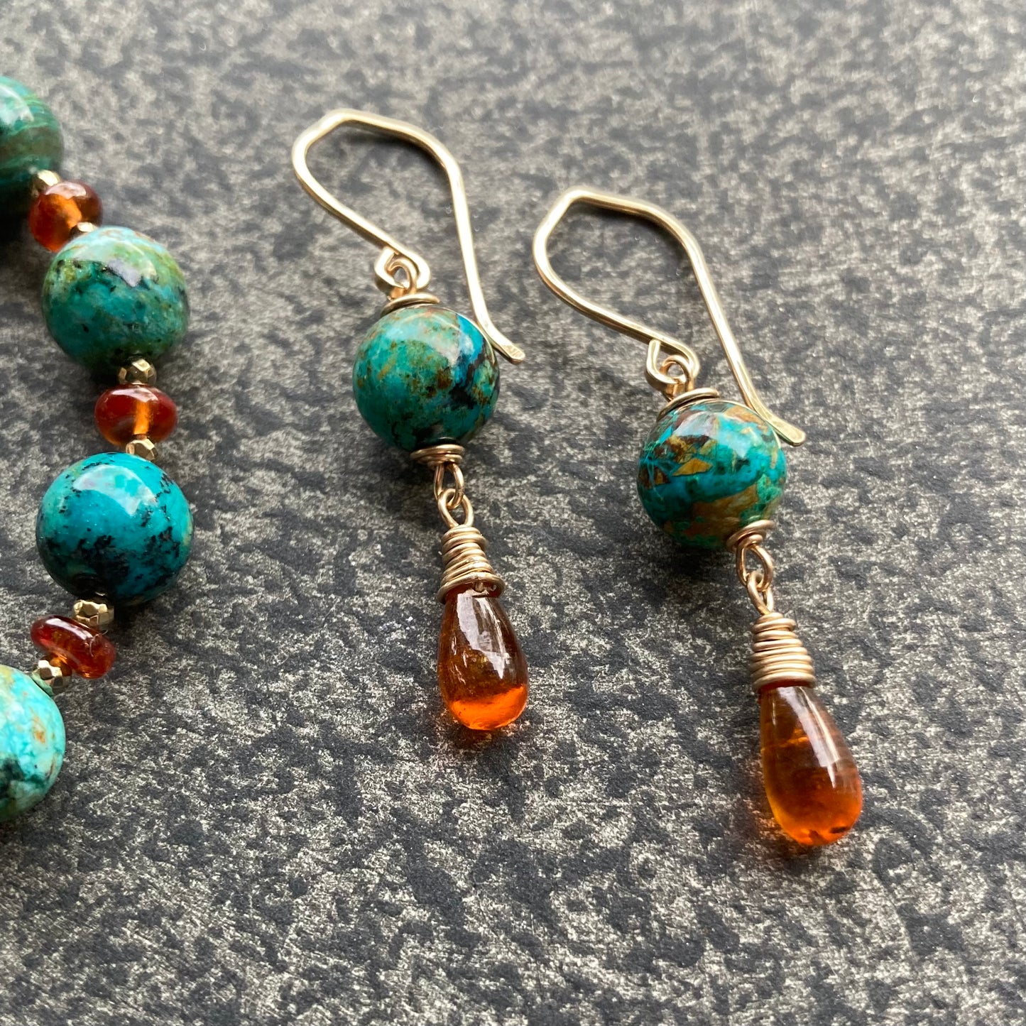 Chrysocolla, Orange Kyanite & Gold Earrings