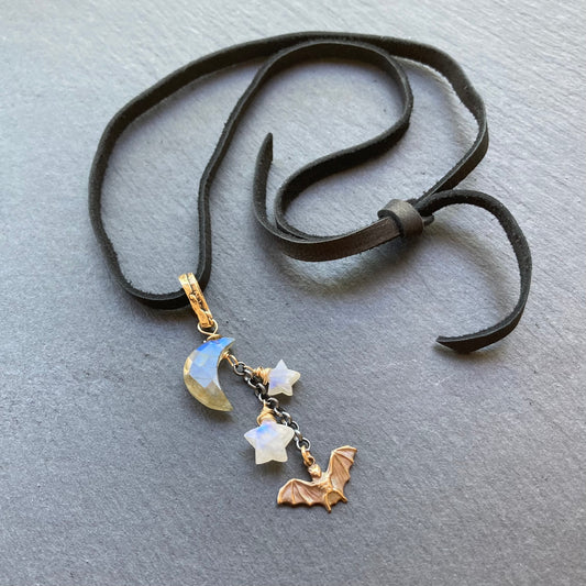 Labradorite, Rainbow Moonstone & Mixed Metal Bat Moon Deerskin Leather Choker